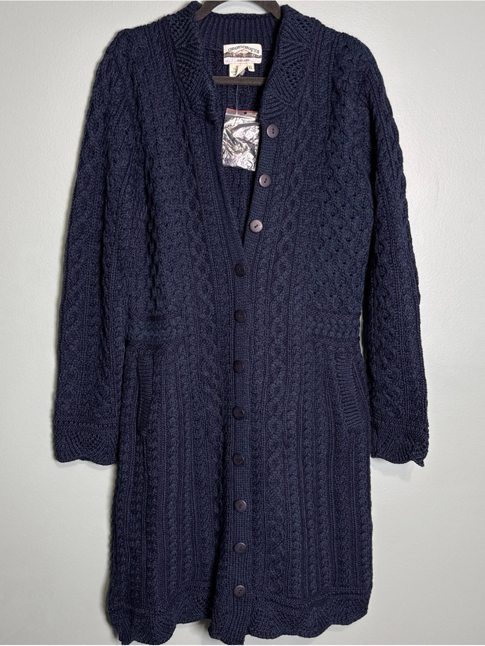 Aran Crafts Ireland Merino Wool Knit Scalloped Coat Cardigan Sweater Size XL